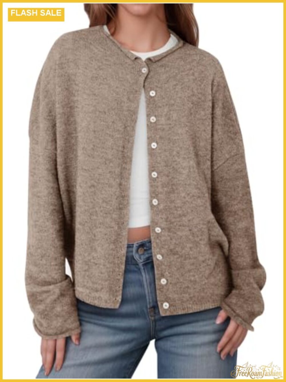 Lightweight Button Up Long Sleeve Knit Cardigan Loose Fit Roll Collar